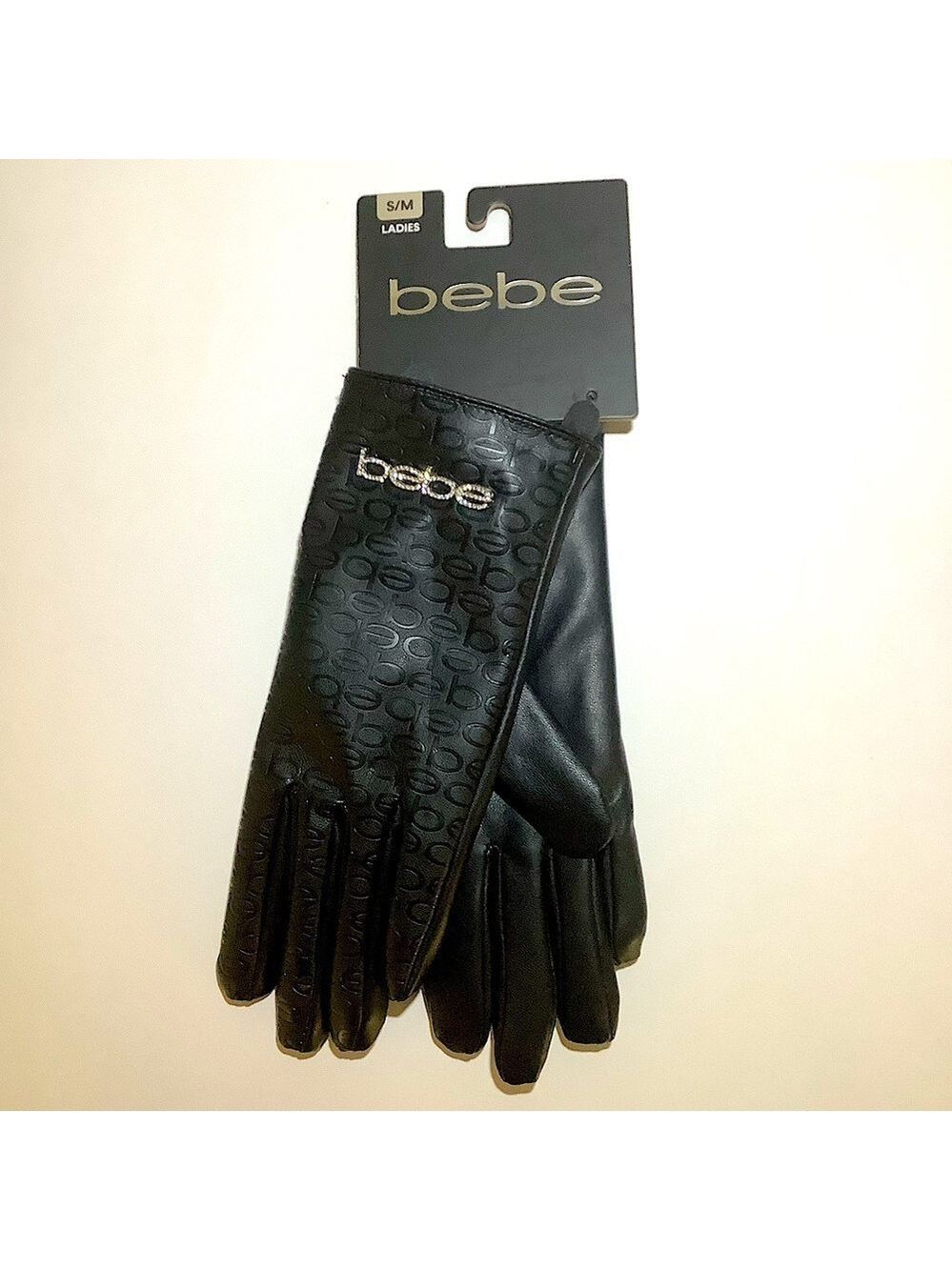 BEBE Black Crystal Logo Ladies Gloves S/M New